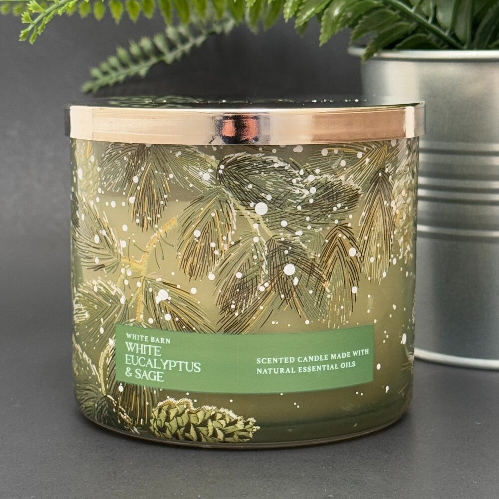 BBW White Eucalyptus & Sage White Barn Bath & Body Works 3 Wick Candle